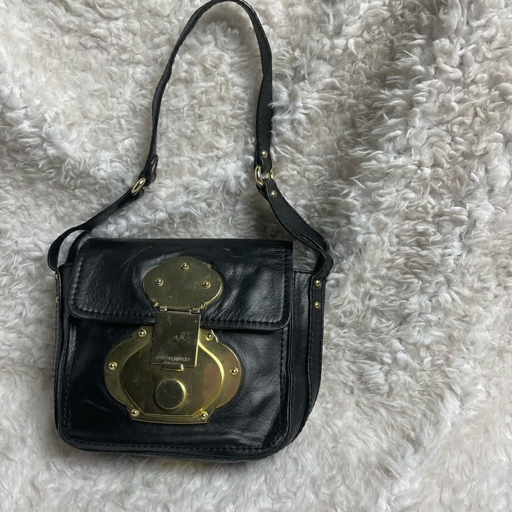 Cynthia Rowley Black Leather small satchel bold gold tone accents & Hardwares